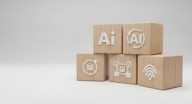 A stack of wooden cubes features various artificial intelligence and technology-related symbols.