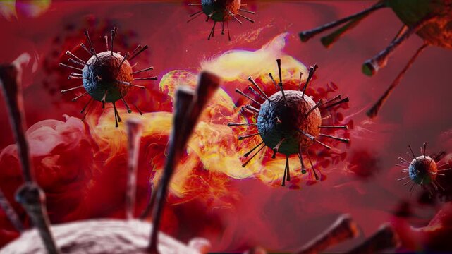 Close up microscopic animation of red biohazard virus pathogens attacking a blood cell nucleus with fiery energy effect. Concept of infections, SARS, COVID, cancer, fungi, bacteria, par