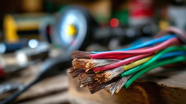 Vibrant electrical wires with exposed copper strands, defocused workshop background with tools like multimeter, ready for connection, electrical work symbolizing, with copy space