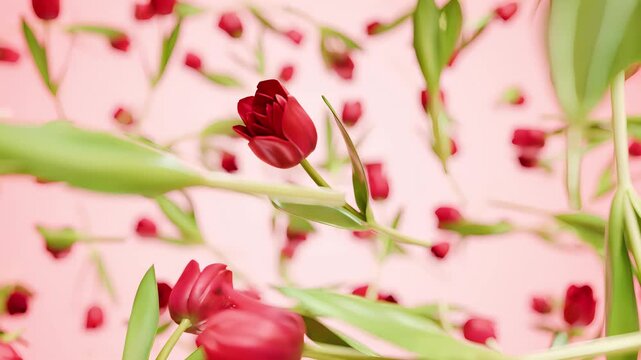 3D animation of elegant red tulips with green stems falling and floating through the air, realistic spring floral motion graphics for romance, Mother's Day, and garden concepts.