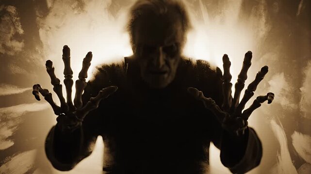 Creepy shadowy figure with skeletal hands reaching out in sepia