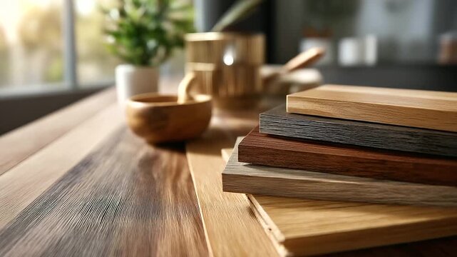 Diverse wood flooring samples, defocused home renovation and interior design choices, hardwood planks, surface materials, with copy space