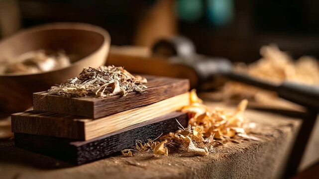 Assortment of wood veneer samples marquetry strips, defocused wood shavings on rustic workbench, woodworking materials, craftsmanship display, with copy space