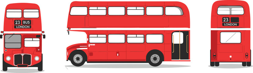 Classic red London double decker bus vector illustration showing front side and rear views isolated on white background transport icon © MDSAJID