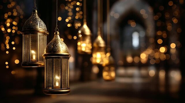Luxurious Ramadan Eid background with golden arches, defocused hanging lanterns, festive Islamic decoration, spiritual celebration atmosphere, with copy space