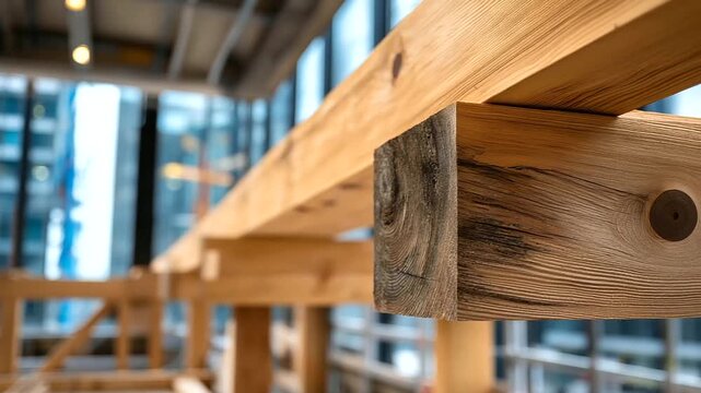 Eco-friendly mass timber building structure, defocused strong glulam wood beams and columns under construction, modern architecture and sustainable design, with copy space