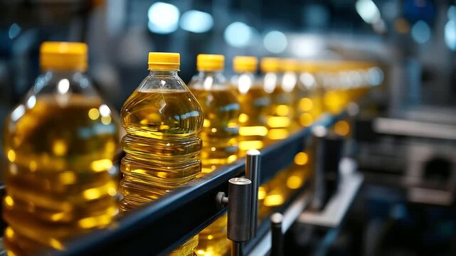 Rows of golden cooking oil bottles, defocused yellow caps moving along automated conveyor belt, modern food processing factory, with copy space