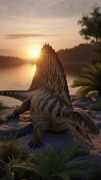 Spinosaurus dinosaur standing and lying by a prehistoric river at sunset, representing ancient life before times beginning. Vertical video