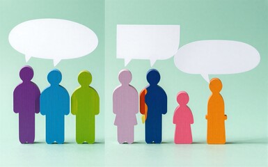 Fototapeta premium Colorful paper cutouts represent diverse groups communicating with