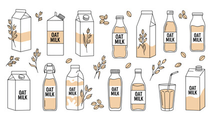 Collection of oat milk cartons, bottles, and a glass with oat grains and sprigs, representing healthy plant-based dairy alternatives.