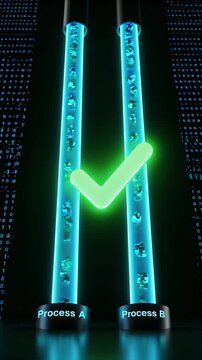 Abstract CGI Visualization of Two Processes A and B Being Compared and Verified with Glowing Blue Tubes and Digital Matrix Background