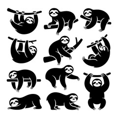 Fototapeta premium Sloth Hanging Illustration in Black and White Vector: Cute Cartoon Style Animal Silhouette Art