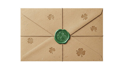 Craft envelopes with green wax seal and shamrock print