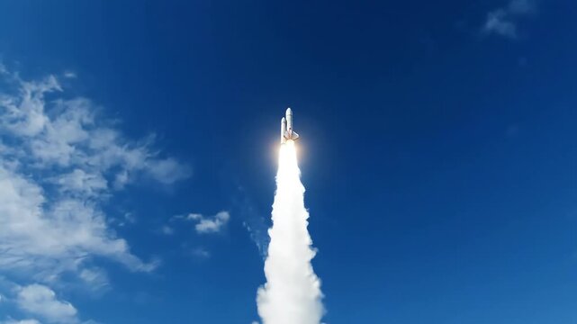 A rocket launches through clouds with a bright flame, emitting a large plume of smoke against a blue sky with scattered white clouds.