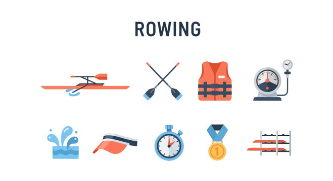 Flat icons related to rowing sport including a boat oars safety vest gauge stopwatch medal and rack