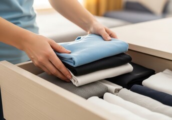 Fototapeta premium A person neatly folding and stacking clothes in a drawer