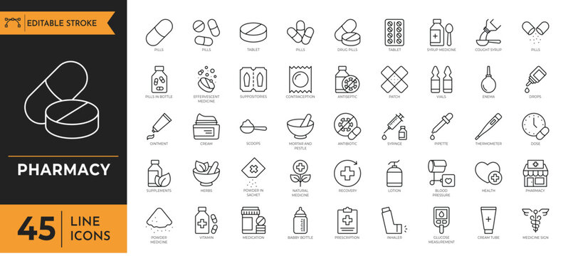 A collection of pharmacy icons depicting various medical objects and symbols.