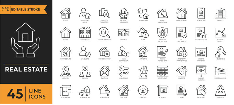 A collection of 45 line icons representing various real estate concepts and objects.
