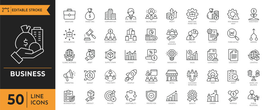 Business icons showcase various symbols and graphics on a white background