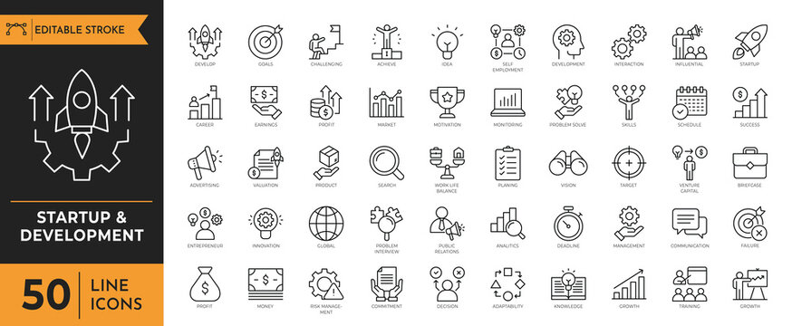 A collection of 50 line icons depicting various startup and development related symbols.