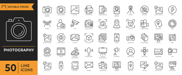 A collection of various line icons depicting photography and digital media symbols on a white background. © best icons