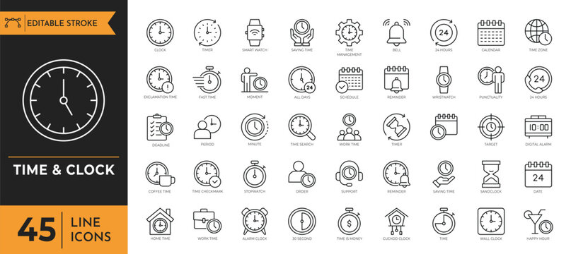 A collection of various clock and time icons on display for reference.