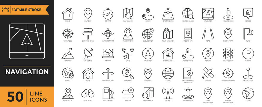 A collection of various line icons depicting navigation and communication symbols.