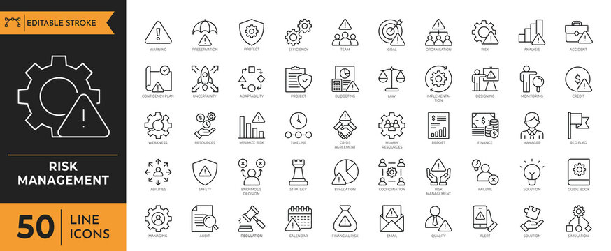 A collection of line icons depicting various risk management concepts and symbols.