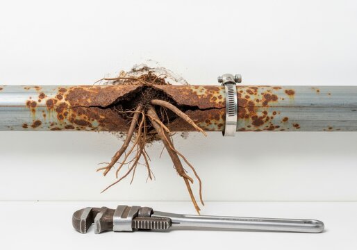 A close-up of a rusty pipe with roots growing out of it