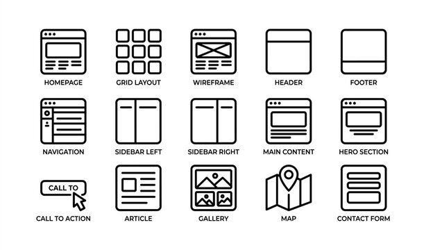 Website design ui icons: layout, navigation, contact, map, gallery
