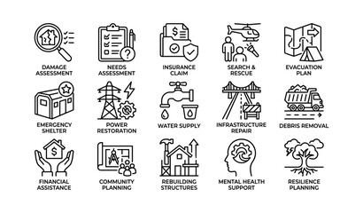 Obraz premium Emergency recovery and community resilience icons set