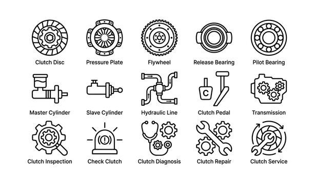 Icons of clutch components and maintenance tools for vehicle systems