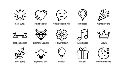 Fototapeta premium Minimalist icon set featuring heart, star, flower, music note, diamond, crown, gift, and more