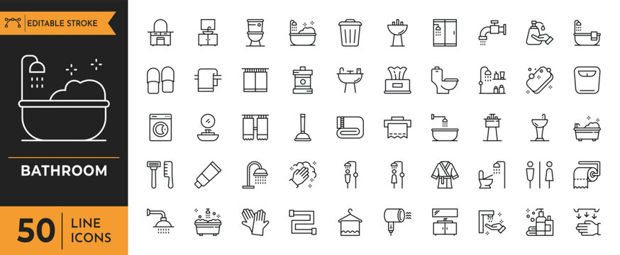 A collection of bathroom line icons depicting various objects and symbols.