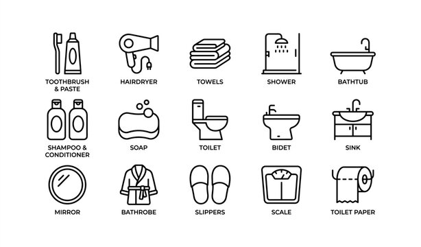 Bathroom essentials: icon set featuring shower, bathtub, sink, and more