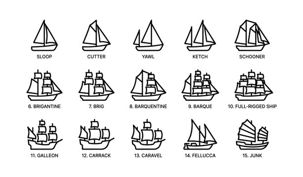 Types of sailboats and sailing ships: sloop, ketch, schooner, barque, junk