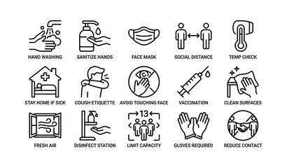 Fototapeta premium Health safety icons: hand washing, sanitizing, social distancing, vaccination, hygiene measures