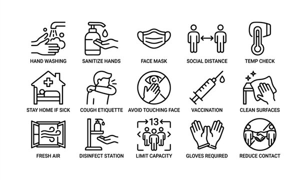 Health safety icons: hand washing, sanitizing, social distancing, vaccination, hygiene measures