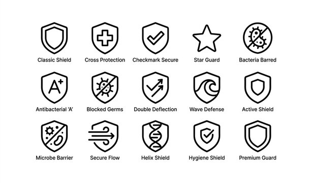 Collection of protective shields and icons with security and hygiene themes