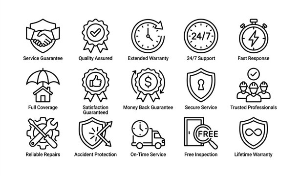 Service guarantee icons: warranty, support, security, and reliability