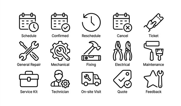 Schedule and repair icon set: includes tools, technician, maintenance, and feedback