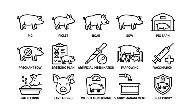 Pig farming process: pig, piglet, boar, sow, breeding, vaccination, management