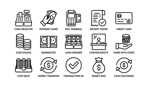 Retail icons set: cash register, payment, pos, credit card, cashier booth