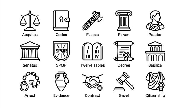Ancient roman symbols and concepts: justice, government, decrees, and citizenship icons