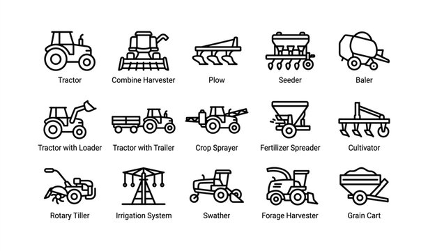 Icons of agricultural machinery: tractor, harvester, plow, seeder, baler, spreader
