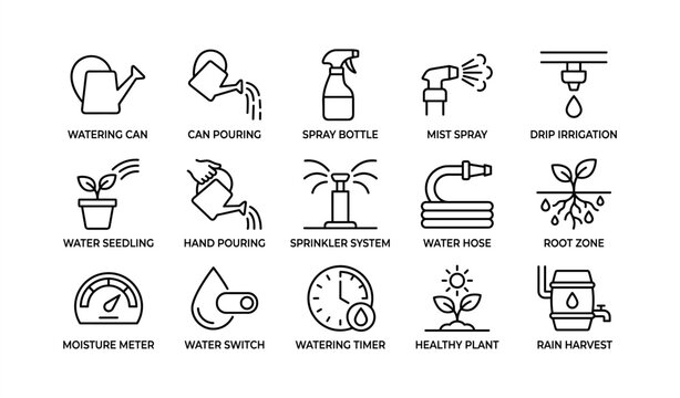 Gardening tools and equipment icons featuring irrigation and watering methods