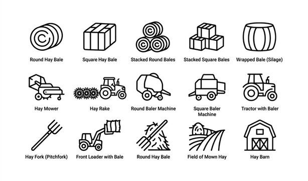 Icon set of hay bales, farming equipment, and agricultural tools