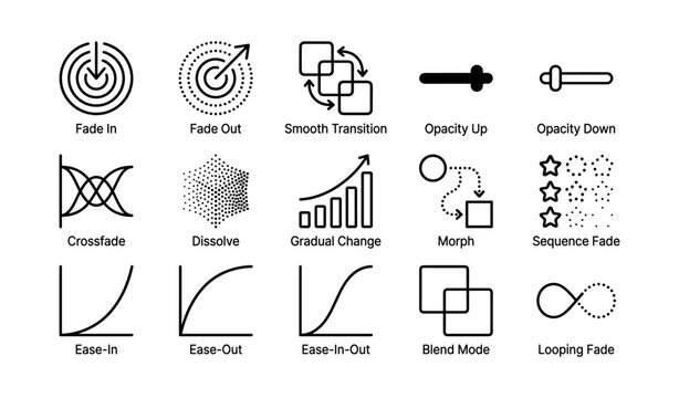 Icons representing transition effects and design tools for animation and graphic design