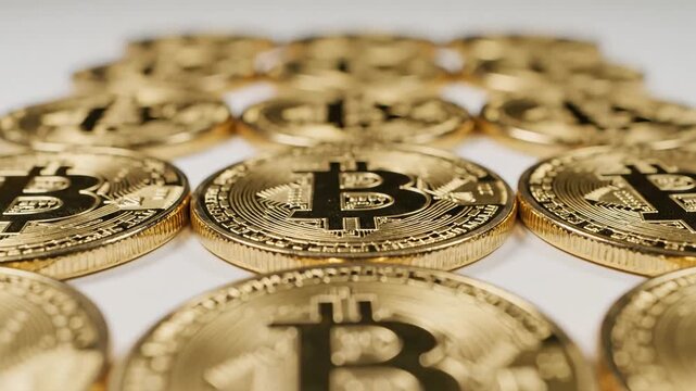 Golden Bitcoin Coins Arranged in Rows Symbolizing Cryptocurrency Wealth.