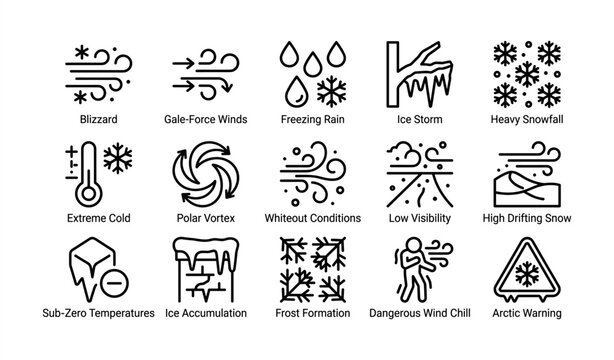 Weather icons: blizzard, gale-force winds, freezing rain, ice storm, snowfall